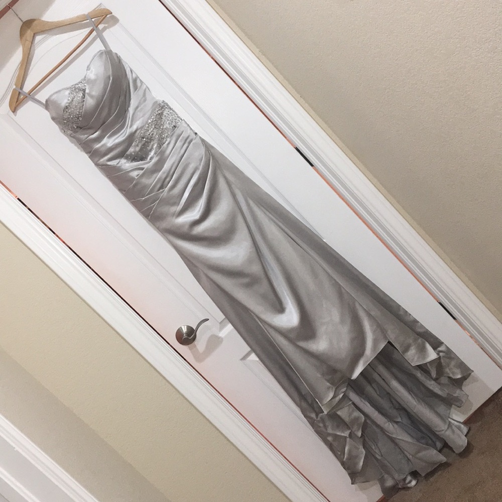 Silver Floor Length Prom Dress with Train Size M